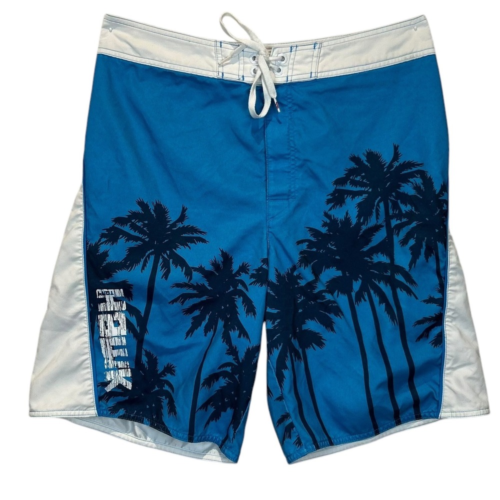 Tony Hawk Board Shorts Blue Black Palm Tree Print Swim Trunks 10"  Mens‎ Size 34